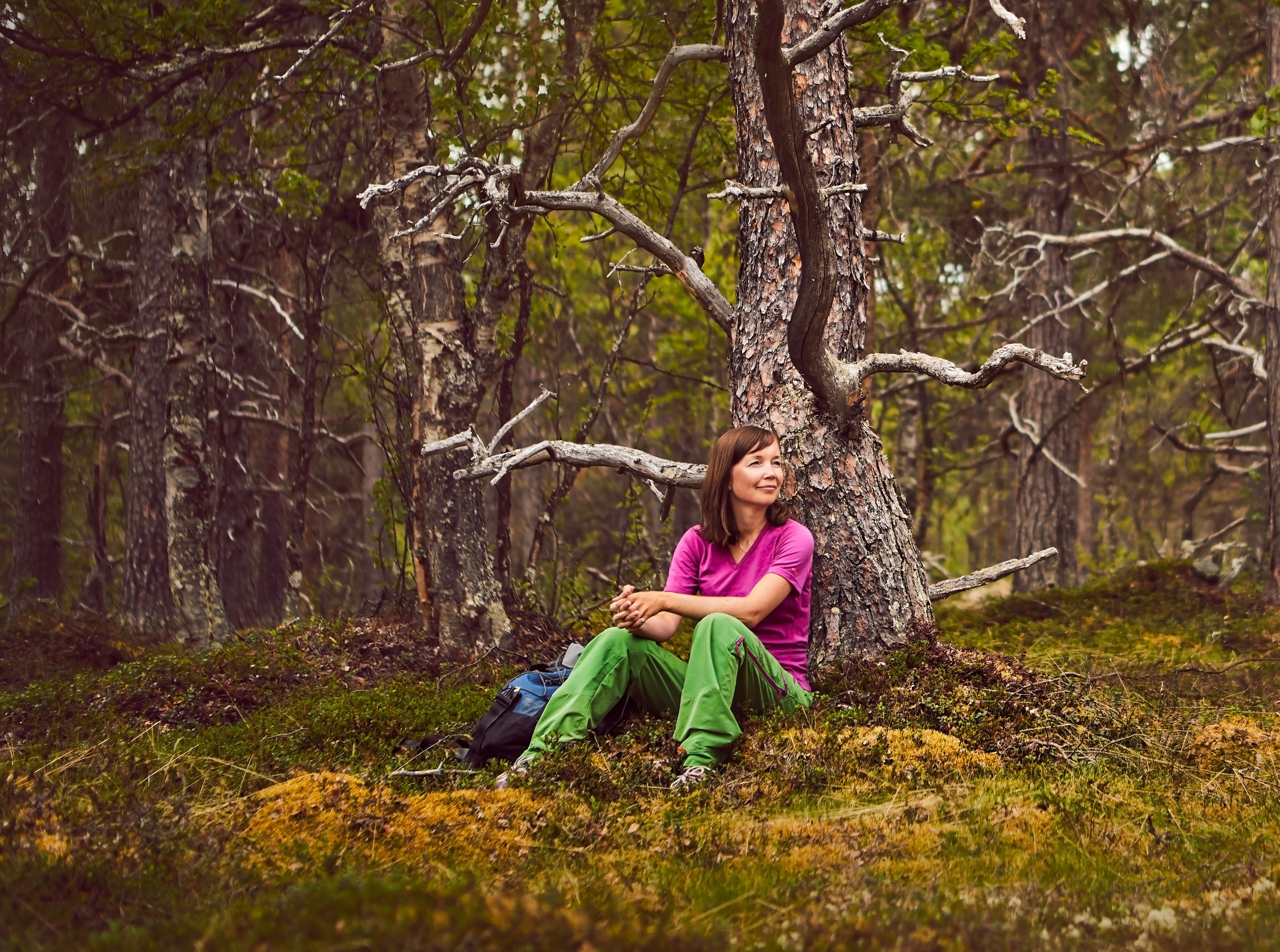 Frau in Wanderkleidung sitzt vor einer alten Kiefer
