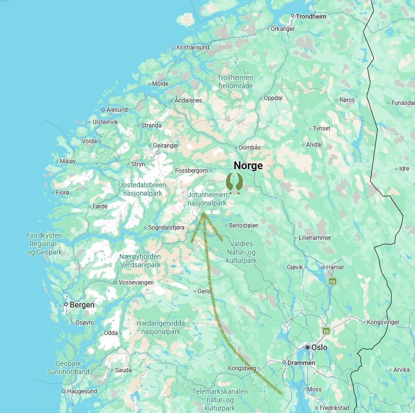 Karte von Norwegen mit Pfeil zu Jotunheimen
